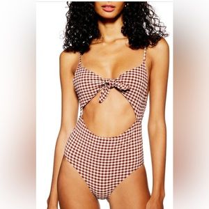 Topshop cutout one-piece swimsuit dark red and cream gingham size 8 US